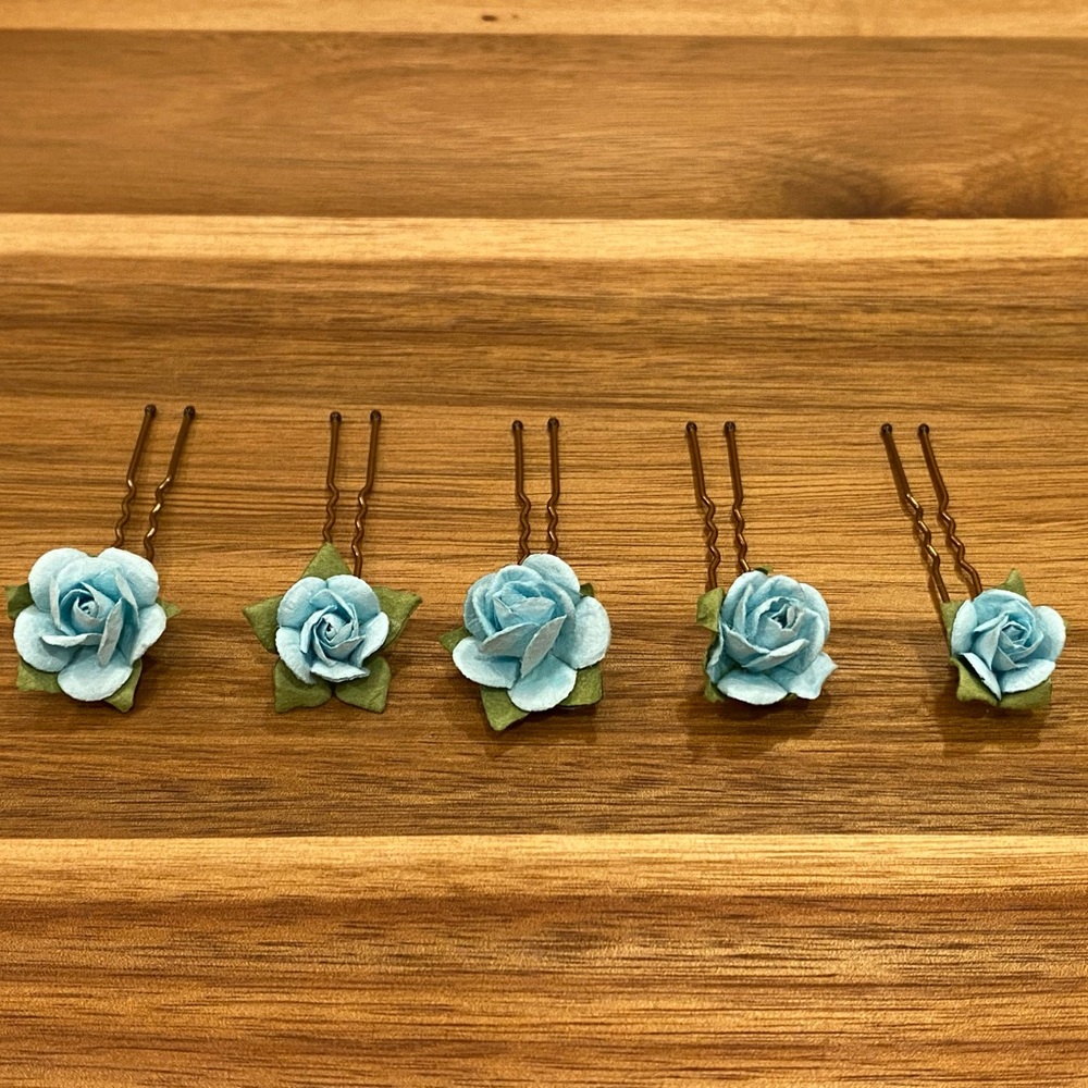 Handmade Light Blue Rose Hair Pins, Set of 5